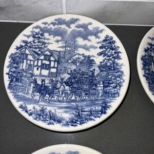 4 Brazil Transfer ware Blue Coach Scene, 6.5" Inch Saucers